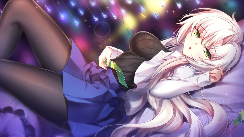 1girl, bangs, black_legwear, blue_skirt, blush, collared_shirt, crystal, dutch_angle, eyebrows_visible_through_hair, green_eyes, green_ribbon, kagamigawa_kuroe, knees_up, light_particles, long_hair, long_sleeves, looking_at_viewer, lying, memories_off, on_back, open_clothes, open_mouth, open_shirt, pantyhose, parted_bangs, ribbon, shirt, sidelocks, silver_hair, skirt, solo, sparkle, very_long_hair, white_shirt, zha_yu_bu_dong_hua