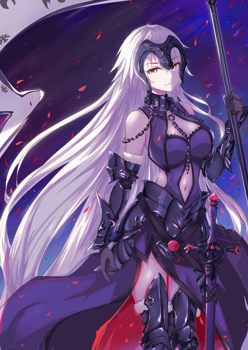 armor, armored_dress, bangs, black_dress, blue_background, breasts, cape, center_opening