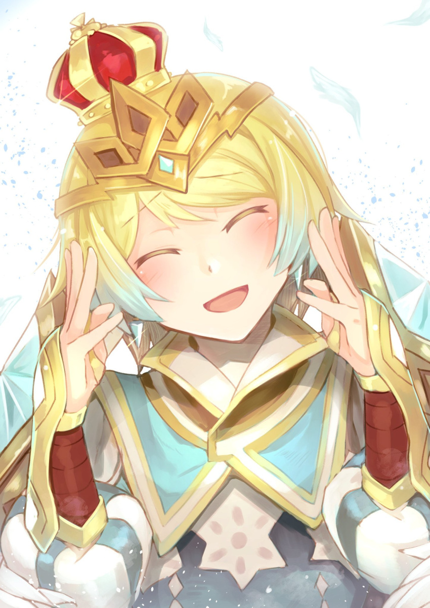 1girl, blonde_hair, blue_eyes, blue_hair, crown, dress, earrings, feather_trim