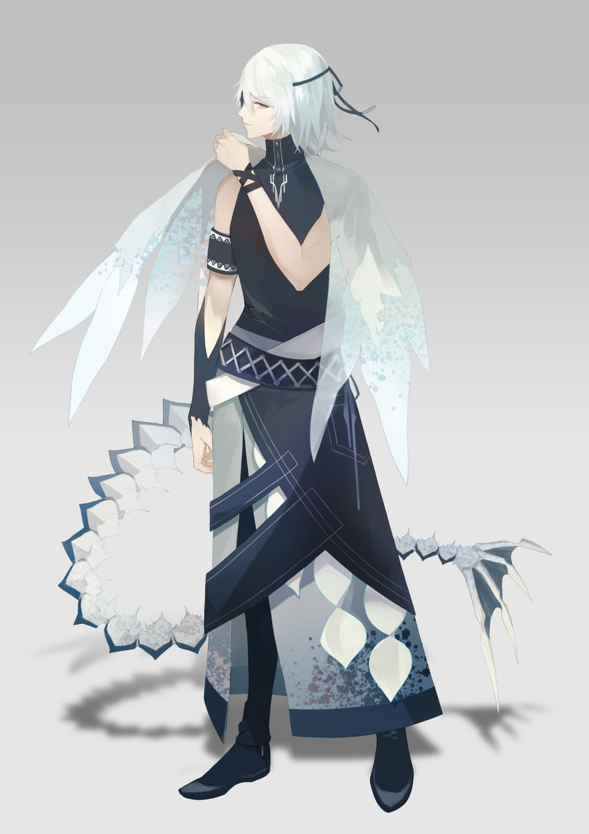 1boy, arm_at_side, armband, black_footwear, caviar, eyepatch, food_fantasy, full_body, grey_background, grey_eyes, hand_up, highres, mei1016, personification, shoes, simple_background, solo, standing, tail, white_hair, wings, zipper