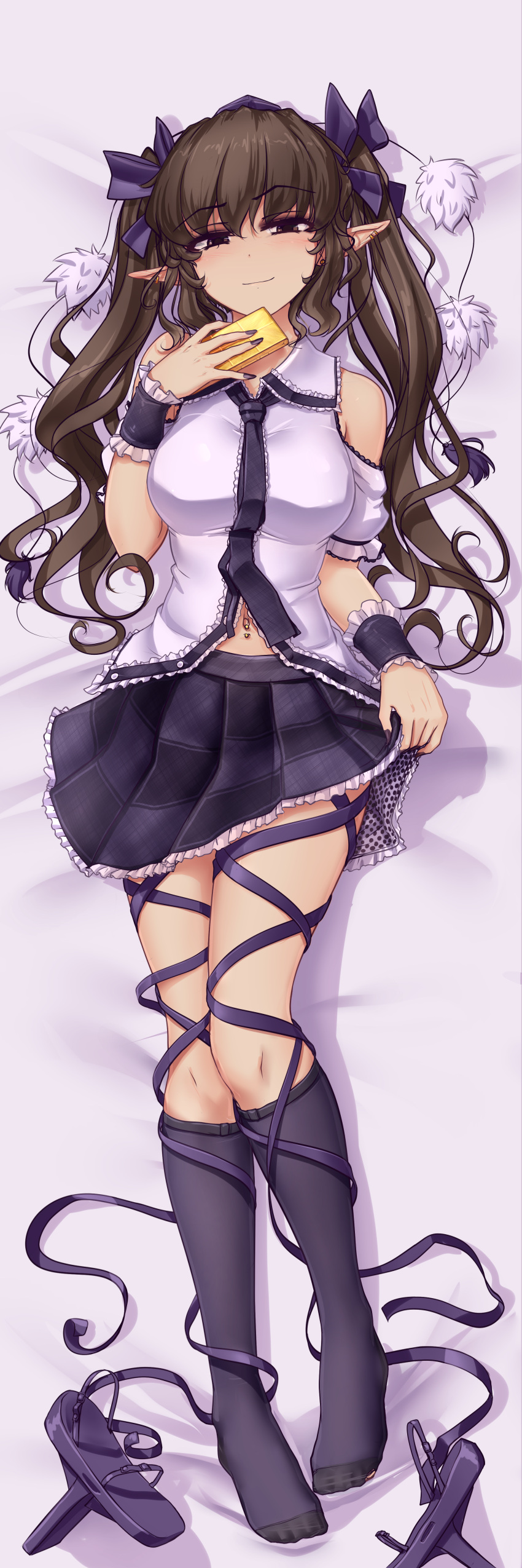 1girl, absurdres, bangs, bed_sheet, breasts, brown_hair, cellphone, checkered, checkered_skirt, closed_eyes, collared_shirt, commentary, dakimakura, ear_piercing, english_commentary, eyebrows_visible_through_hair, footwear_removed, frilled_shirt, frills, full_body, geta, hair_ribbon, hand_up, hat, hater_(hatater), head_tilt, highres, himekaidou_hatate, holding, holding_phone, hole_in_sock, kneehighs, leg_ribbon, long_hair, lying, medium_breasts, miniskirt, nail_polish, navel, navel_piercing, necktie, no_shoes, on_back, phone, piercing, pointy_ears, pom_pom_(clothes), purple_hat, purple_legwear, purple_nails, purple_ribbon, purple_skirt, ribbon, shirt, shoes_removed, skirt, skirt_hold, smile, socks, solo, tengu-geta, tokin_hat, torn_clothes, torn_legwear, torn_socks, touhou, twintails, violet_eyes, wavy_hair, white_shirt, wing_collar, wrist_cuffs