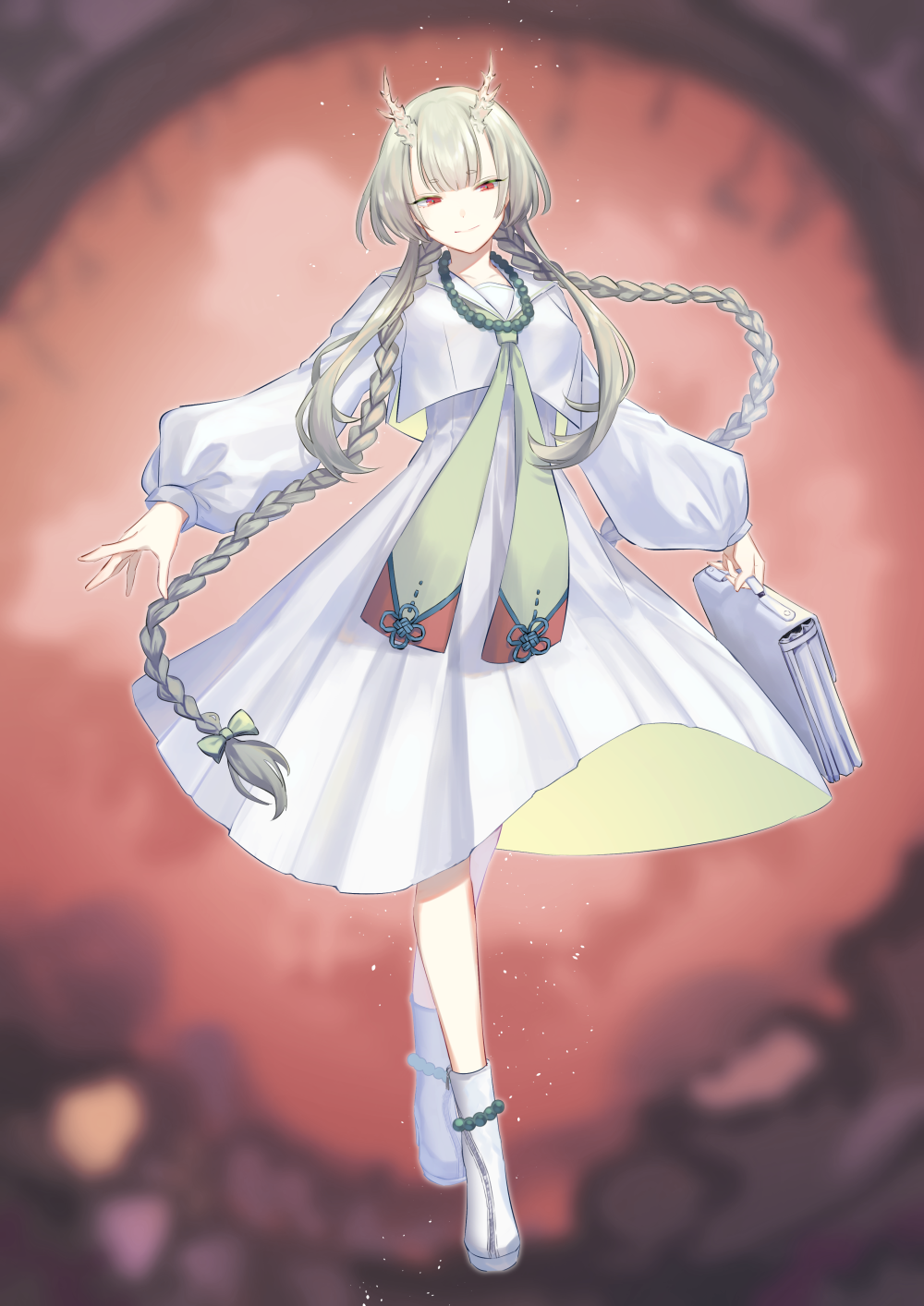 bangs, bead_necklace, beads, blunt_bangs, blurry, blurry_background, braid, briefcase, dress, food_fantasy, full_body, highres, horns, jewelry, long_braid, long_hair, long_sleeves, milt, necklace, personification, red_background, red_eyes, sekisue, short_hair_with_long_locks, simple_background, standing, twin_braids, white_dress, white_footwear