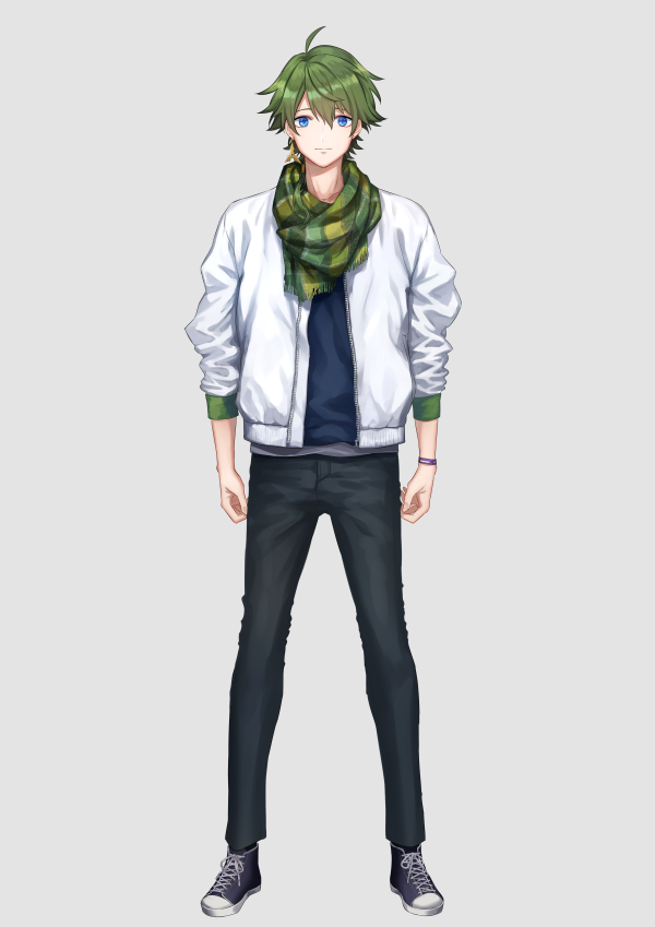 1boy, ahoge, arms_at_side, black_pants, blue_eyes, full_body, green_hair, green_scarf