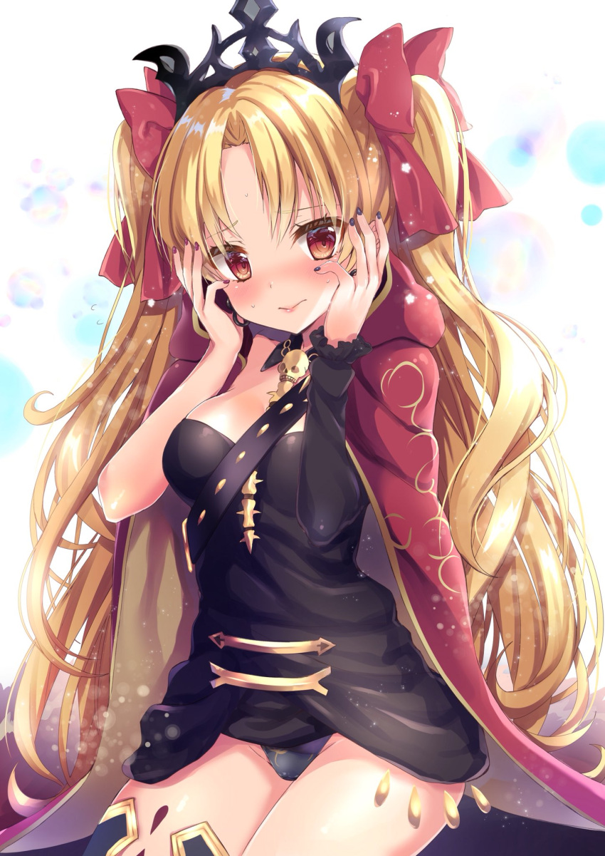 1girl, asymmetrical_legwear, asymmetrical_sleeves, bangs, blonde_hair, blush, bow, breasts