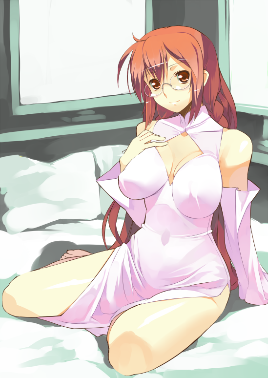 braid, breasts, brown_eyes, detached_sleeves, dress, glasses, kneeling, large_breasts