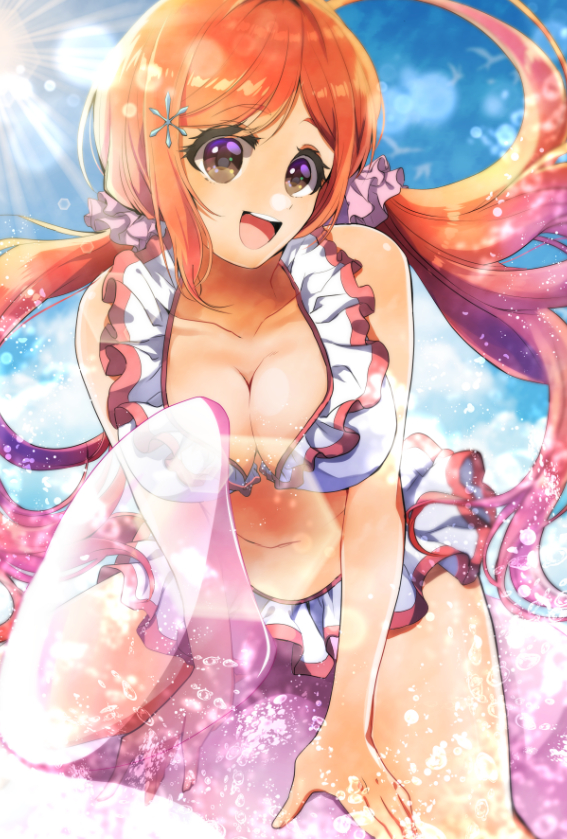 1girl, :d, bangs, bikini, bleach, blue_sky, breasts, brown_eyes
