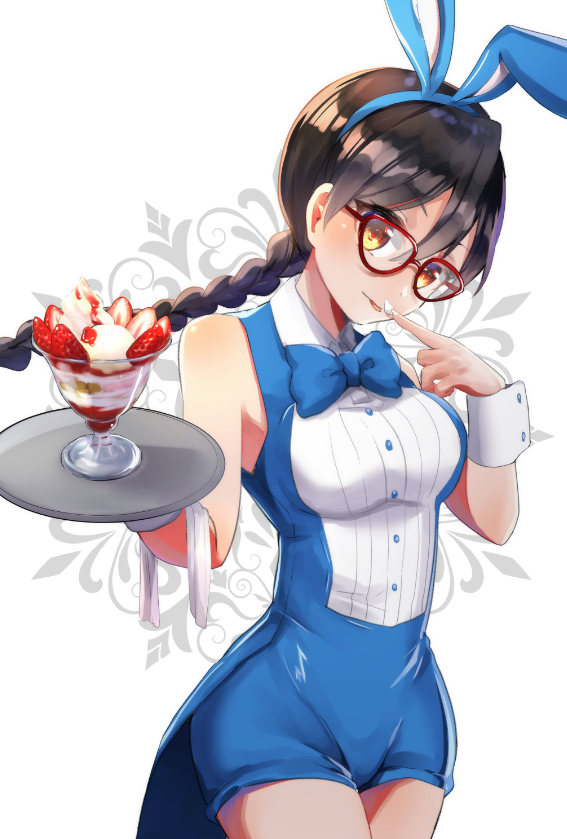 1girl, animal_ears, black_hair, bleach, blue, blue_bow, blue_neckwear, blue_shorts
