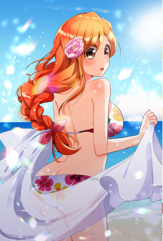 1girl, ass, bikini, bleach, blue_sky, bow, braid, braided_ponytail