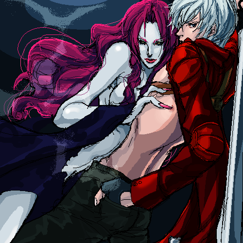 1boy, 1girl, black_sclera, blue_eyes, coat, dante_(devil_may_cry), devil_may_cry, devil_may_cry_(series)