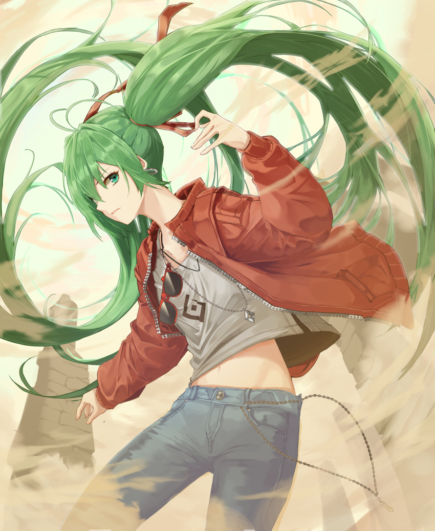 1girl, absurdly_long_hair, absurdres, blue_pants, curiosities_of_lotus_asia, day, denim, dust