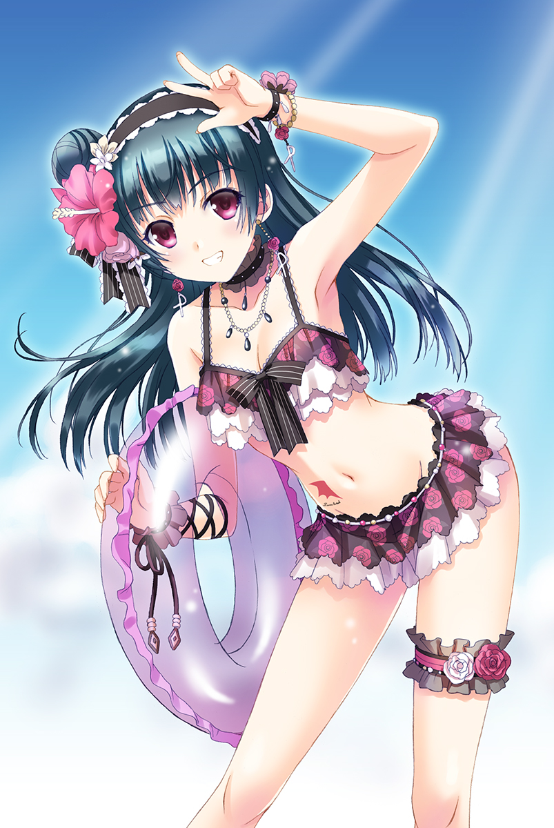 1girl, arm_up, armpits, bangs, bikini, bikini_skirt, black_bikini, black_choker