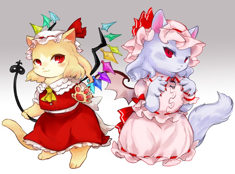 2girls, :<, :3, animal, animalization, bow, cat, chamaruku