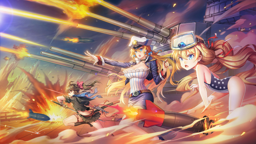 3girls, absurdres, ahoge, american_flag, american_flag_print, artist_request, bandage, bandaged_arm