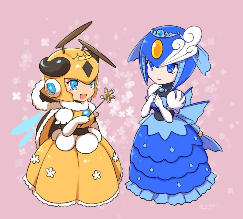 2girls, :d, android, antennae, aqua_eyes, blue_dress, blue_eyes, closed_mouth