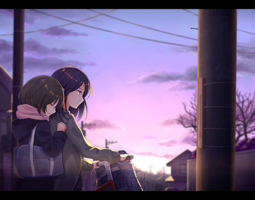 2girls, bag, bare_tree, bicycle, bicycle_basket, black_hair, blue_coat, blurry