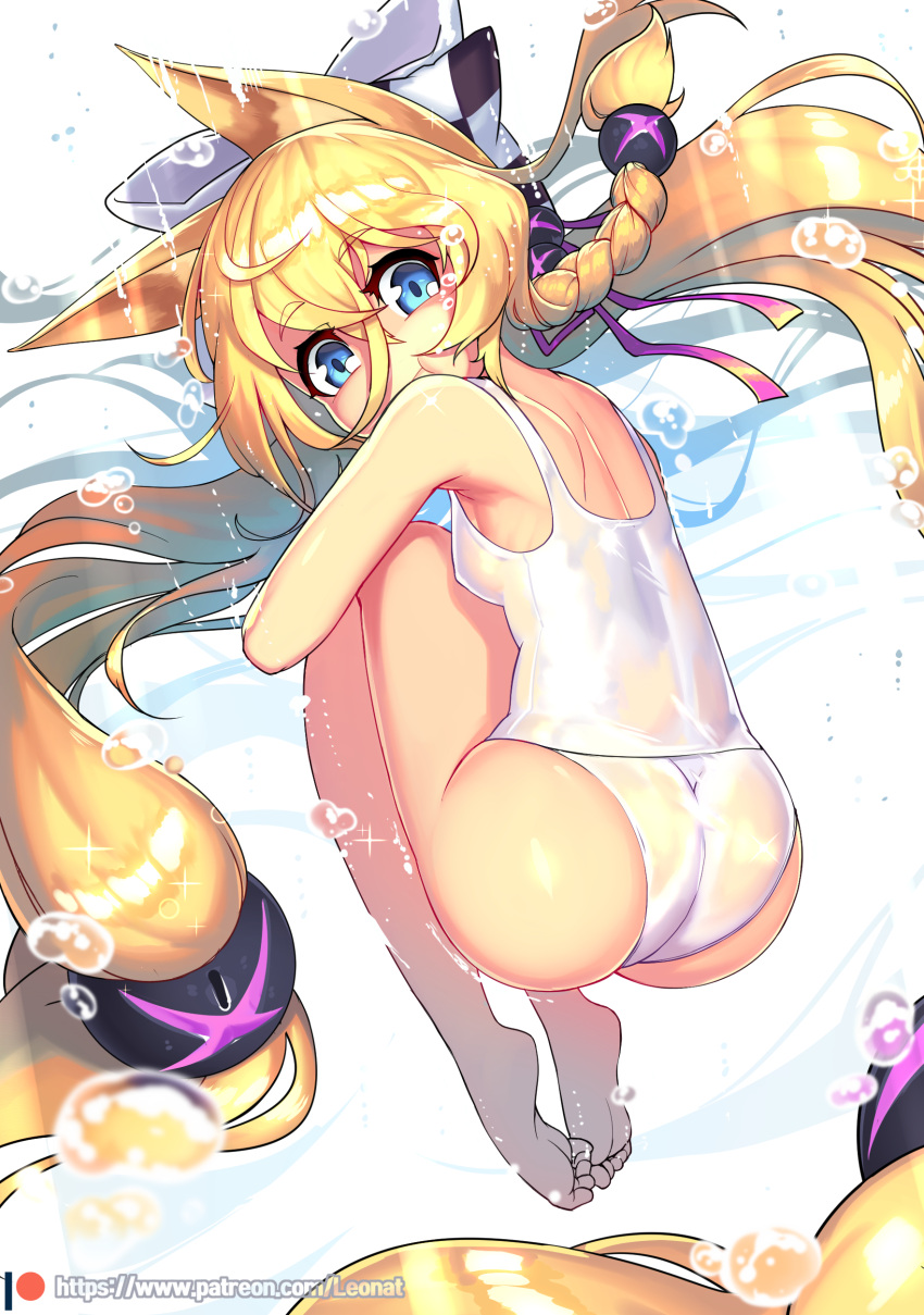 1girl, :t, absurdres, air_bubble, animal_ears, ass, bangs, bare_legs, bare_shoulders, barefoot, blonde_hair, blue_eyes, blurry, blurry_foreground, bow, braid, breasts, bubble, checkered, checkered_bow, closed_mouth, commentary_request, depth_of_field, eyebrows_visible_through_hair, full_body, g41_(girls_frontline), girls_frontline, hair_between_eyes, hair_bow, hair_ribbon, head_tilt, highres, holding_breath, korean_commentary, leonat, long_hair, low-tied_long_hair, one-piece_swimsuit, pink_ribbon, ribbon, single_braid, small_breasts, soles, solo, swimsuit, underwater, very_long_hair, water, watermark, web_address, white_background, white_bow, white_swimsuit