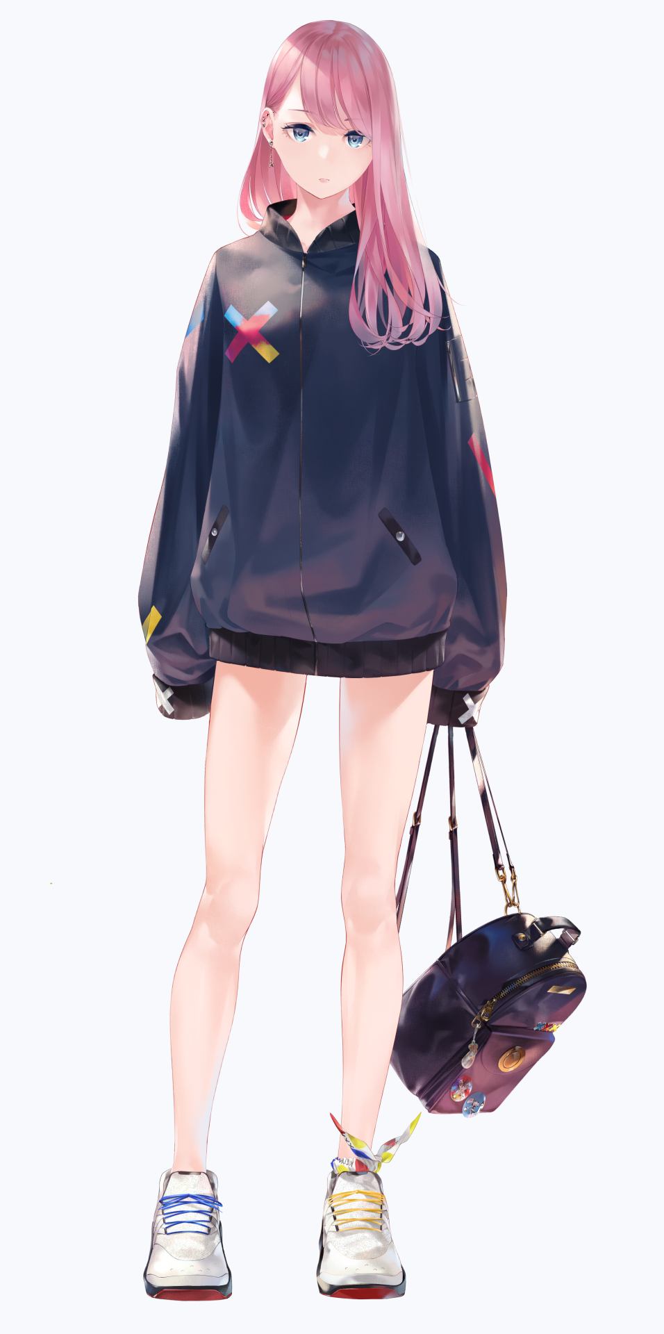 1girl, bangs, black_coat, blue_eyes, closed_mouth, earrings, hair_behind_ear, highres