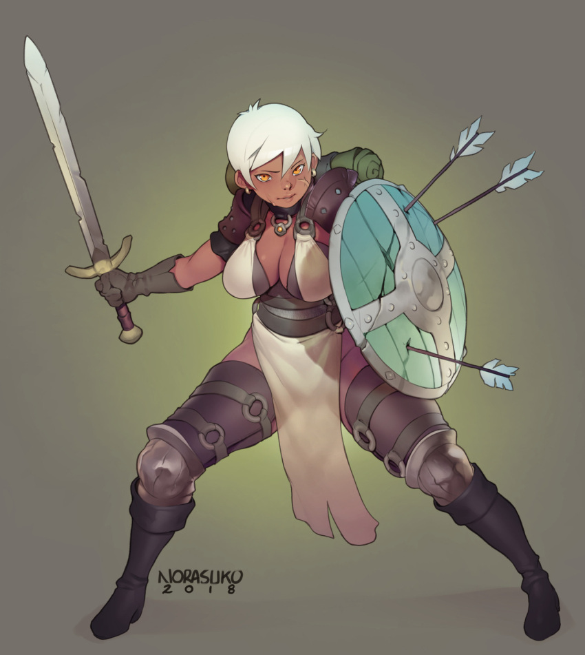 1girl, armor, arrow, backpack, bag, boots, breasts, chaps, cleavage, collar, commentary, dark_skin, earrings, english_commentary, fantasy, fighting_stance, full_body, gloves, greaves, highres, holding, holding_sword, holding_weapon, jewelry, knee_boots, large_breasts, making_of, norasuko, o-ring, orange_eyes, pauldrons, pelvic_curtain, ramona_(the_prey), scar, shield, short_hair, solo, standing, sword, the_prey, very_short_hair, warrior, weapon, white_hair