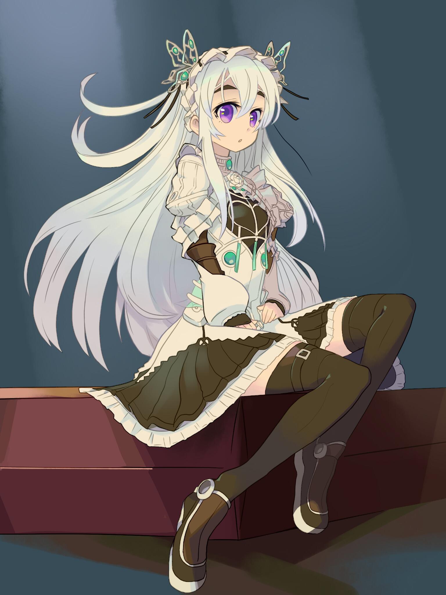 1girl, black_legwear, blush, butterfly_hair_ornament, chaika_trabant, cocconeis, dress, eyebrows, frills, hair_ornament, hairband, highres, hitsugi_no_chaika, lolita_hairband, long_hair, looking_at_viewer, open_mouth, silver_hair, solo, thigh-highs, violet_eyes