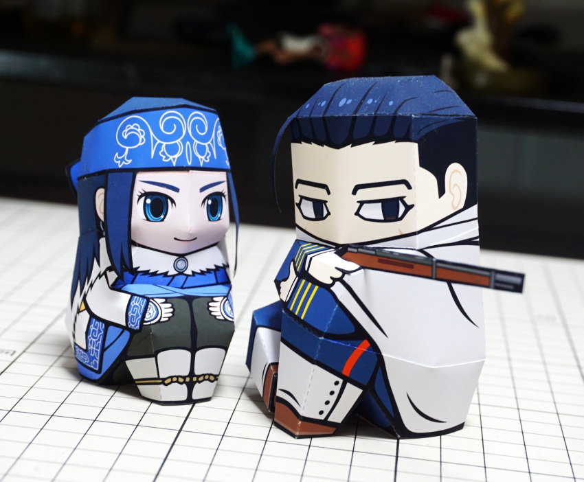 1boy, 1girl, ainu, ainu_clothes, asirpa, black_hair, blue_eyes, blurry