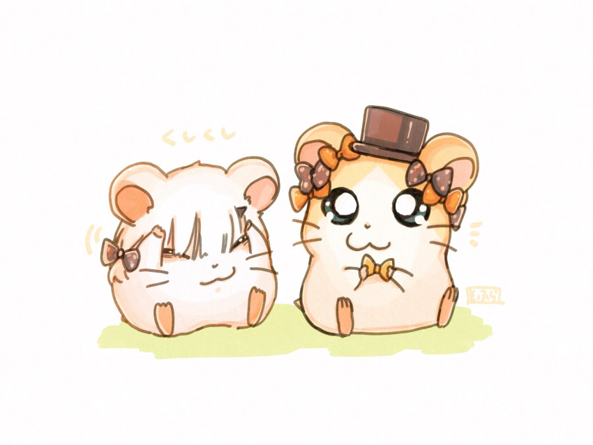 :3, abigail_williams_(fate/grand_order), abigail_williams_(fate/grand_order)_(cosplay), animal, bangs, black_bow, black_hat, blue_eyes, bow, closed_eyes, closed_mouth, cosplay, fate/grand_order, fate_(series), hamster, hamtaro, hamtaro_(hamtaro), hat, highres, holding, holding_bow, horn, lavinia_whateley_(fate/grand_order), looking_at_viewer, no_humans, orange_bow, polka_dot, polka_dot_bow, ribbon_(hamutarou), sitting, sofra, top_hat, white_background