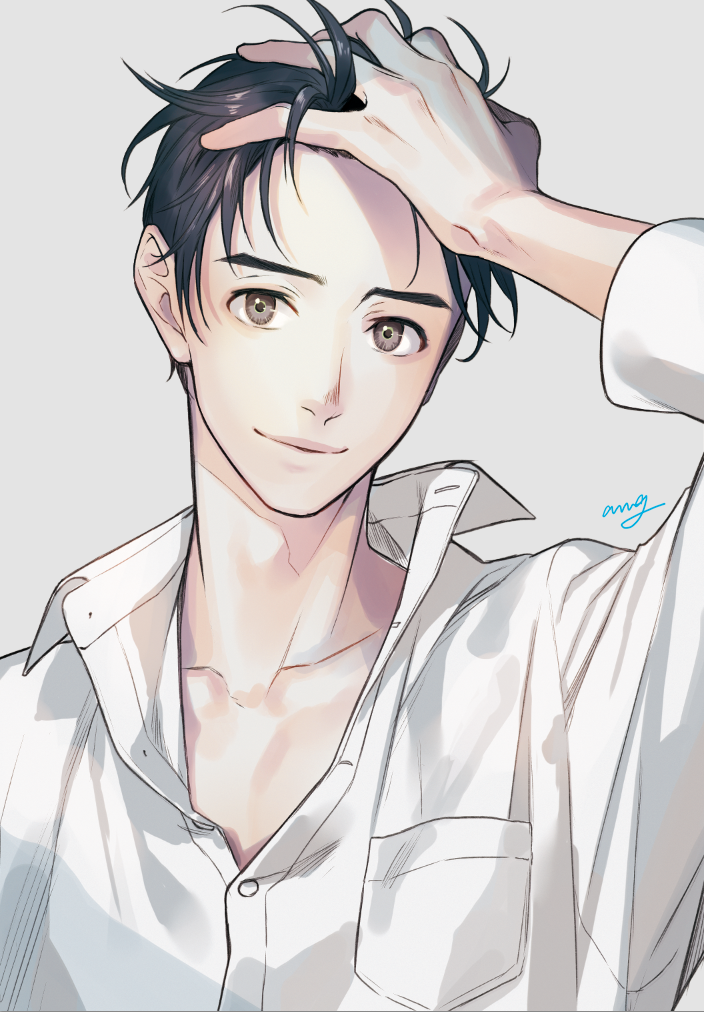 1boy, amg_(nwmnmllf), artist_name, black_hair, brown_eyes, grey_background, hand_on_own_head, katsuki_yuuri, male_focus, smile, yuri!!!_on_ice