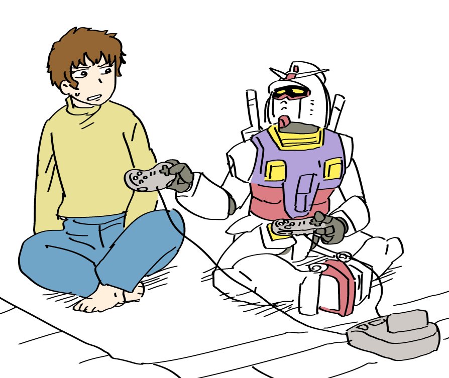 1boy, amuro_ray, barefoot, blue_pants, brown_hair, butterfly_sitting, commentary_request, controller