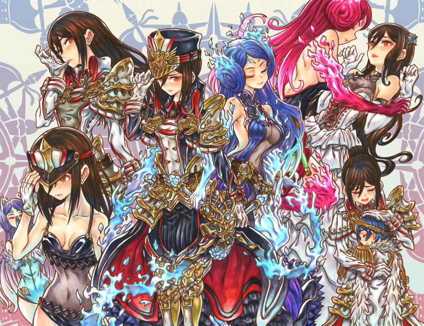 1boy, 2girls, alternate_costume, bare_shoulders, blue_fire, blue_hair, breasts, brother_and_sister