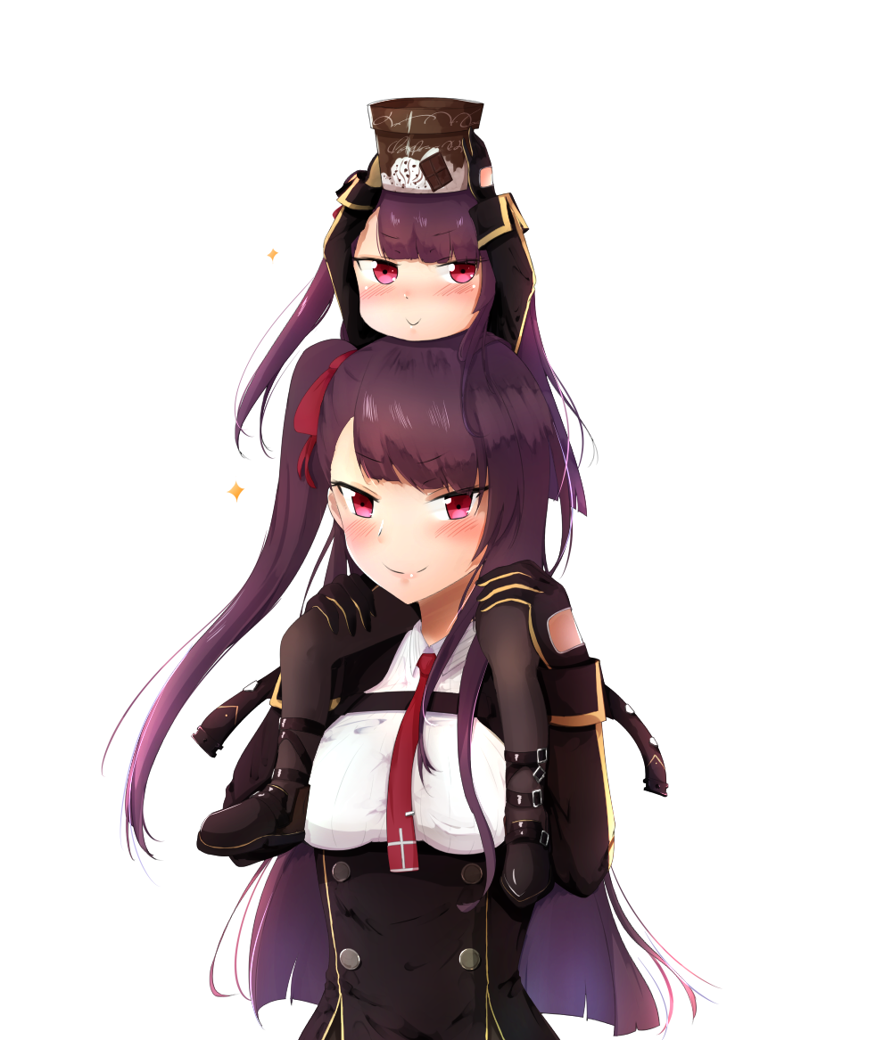 2girls, blush, carrying_over_shoulder, chocolate, dorongbug, dual_persona, food, girls_frontline, gloves, ice_cream, multiple_girls, necktie, pantyhose, purple_hair, smile, violet_eyes, wa2000_(girls_frontline), younger