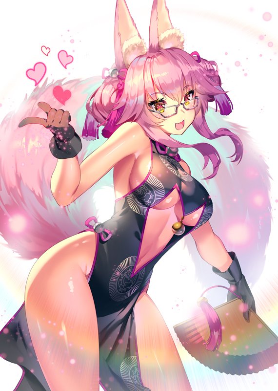 1girl, :d, aguy, animal_ear_fluff, animal_ears, bare_shoulders, bell, black_dress