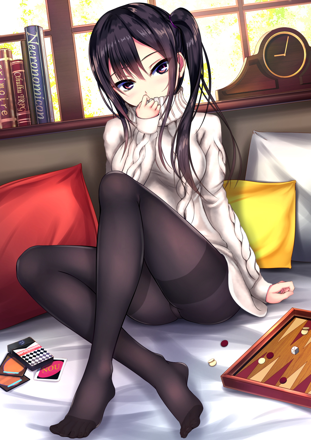 1girl, adjusting_collar, aran_sweater, backgammon, bangs, black_hair, black_legwear, blush