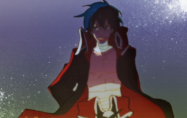bandage, blue_hair, garlock_simon, grin, raku_ji, simon, smile, tengen_toppa_gurren_lagann