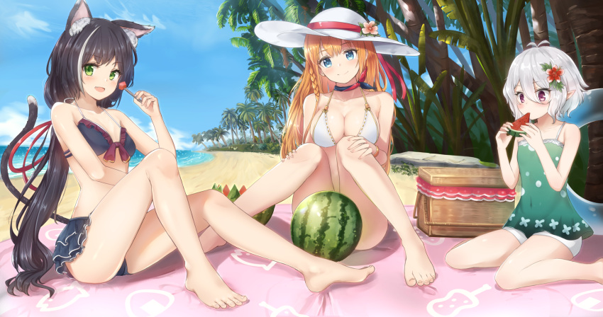 3girls, :d, animal_ear_fluff, animal_ears, antenna_hair, ass, bangs, bare_arms, bare_legs, bare_shoulders, barefoot, beach, beach_mat, bikini, bikini_skirt, black_bikini, black_hair, blue_eyes, blue_sky, blush, bracelet, braid, breasts, cat_ears, cat_tail, choker, cleavage, closed_mouth, clouds, collarbone, commentary_request, dargo, day, eating, eyebrows_visible_through_hair, fang, flower, food, forest, frills, front-tie_bikini, front-tie_top, fruit, green_eyes, green_shirt, hair_between_eyes, hair_flower, hair_ornament, halterneck, hat, hat_flower, hat_ribbon, head_tilt, highres, holding, holding_food, holding_fruit, horizon, jewelry, knees_up, kokkoro_(princess_connect!), kyaru_(princess_connect), large_breasts, long_hair, looking_at_viewer, low-tied_long_hair, multicolored_hair, multiple_girls, nature, ocean, open_mouth, orange_hair, outdoors, pecorine, picnic_basket, pointy_ears, princess_connect!, princess_connect!_re:dive, red_eyes, red_flower, red_ribbon, ribbon, rock, shadow, shirt, short_hair, short_shorts, shorts, sidelocks, silver_hair, sitting, sky, sleeveless, sleeveless_shirt, smile, spaghetti_strap, streaked_hair, sun_hat, swimsuit, tail, thighs, tree, very_long_hair, wariza, watermelon, white_bikini, white_hair, white_hat, white_shorts