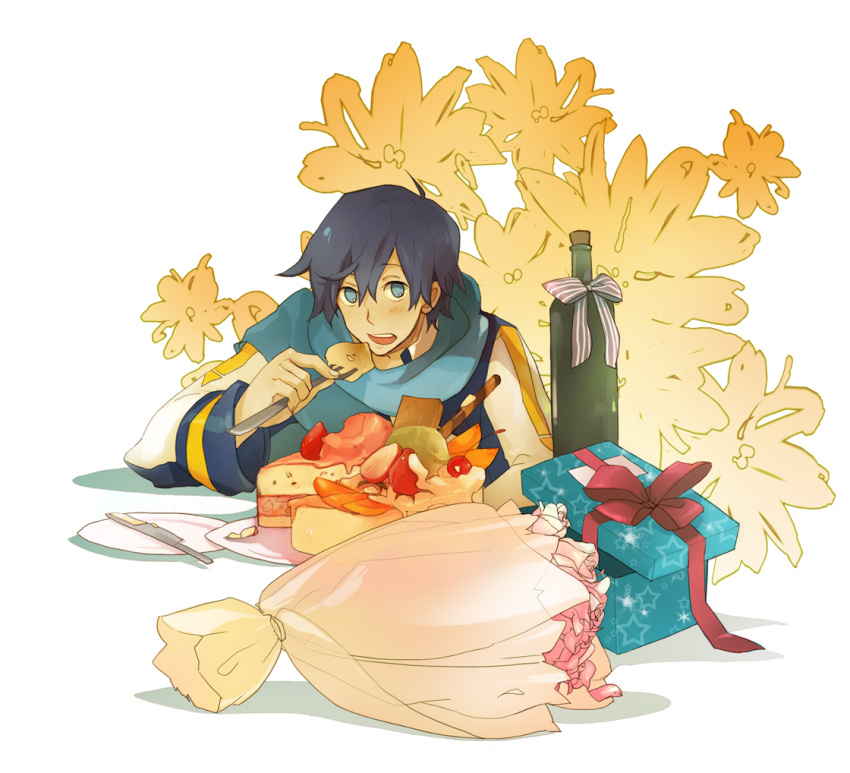 blue_hair, bottle, cake, eating, flower, food, gift, kaito