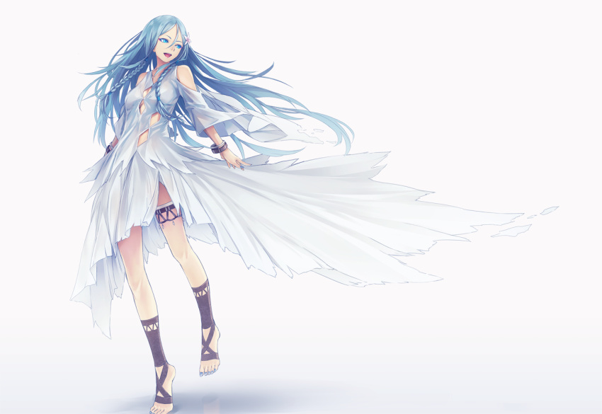 1girl, :d, bare_shoulders, barefoot_sandals, blue_eyes, blue_hair, blue_nails, bracelet, braid, commentary_request, dress, fingernails, flower, grey_background, hair_between_eyes, hair_flower, hair_ornament, harmony_(itou_keikaku), jewelry, long_hair, mihie_miach, nail_polish, open_mouth, pink_flower, simple_background, smile, solo, standing, sugi_214, toenail_polish, toenails, torn_clothes, torn_dress, white_dress