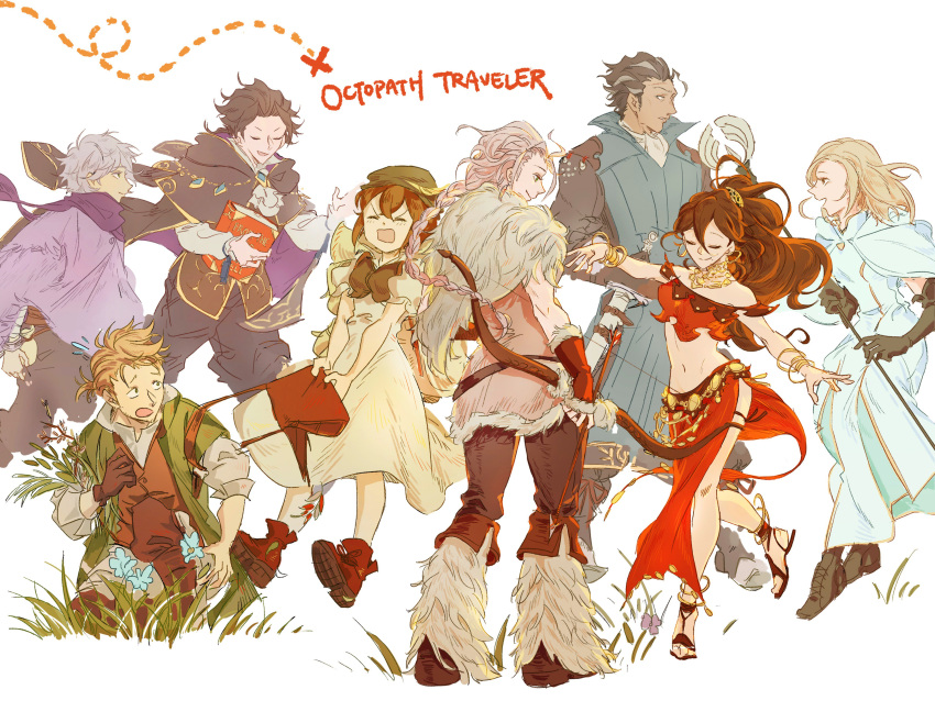 absurdres, alfyn_(octopath_traveler), armor, blonde_hair, bracelet, braided_ponytail, brown_hair, cloak