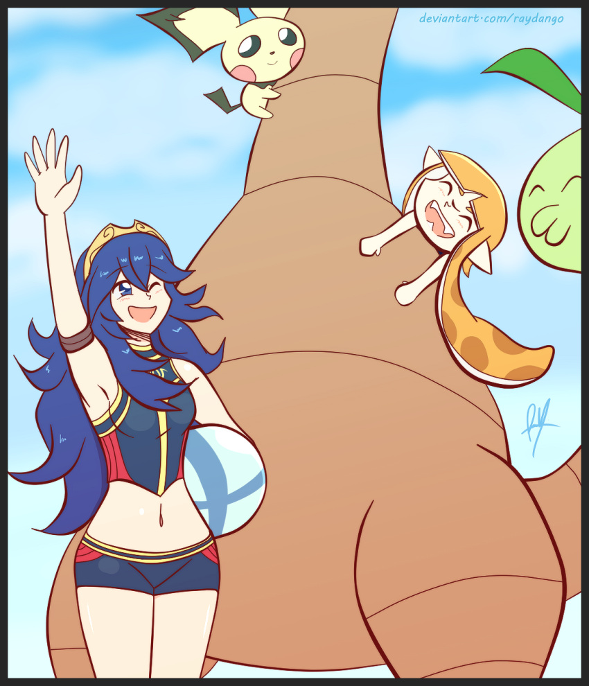 2girls, armpits, beach, blue_eyes, blue_hair, blush, creatures_(company), domino_mask