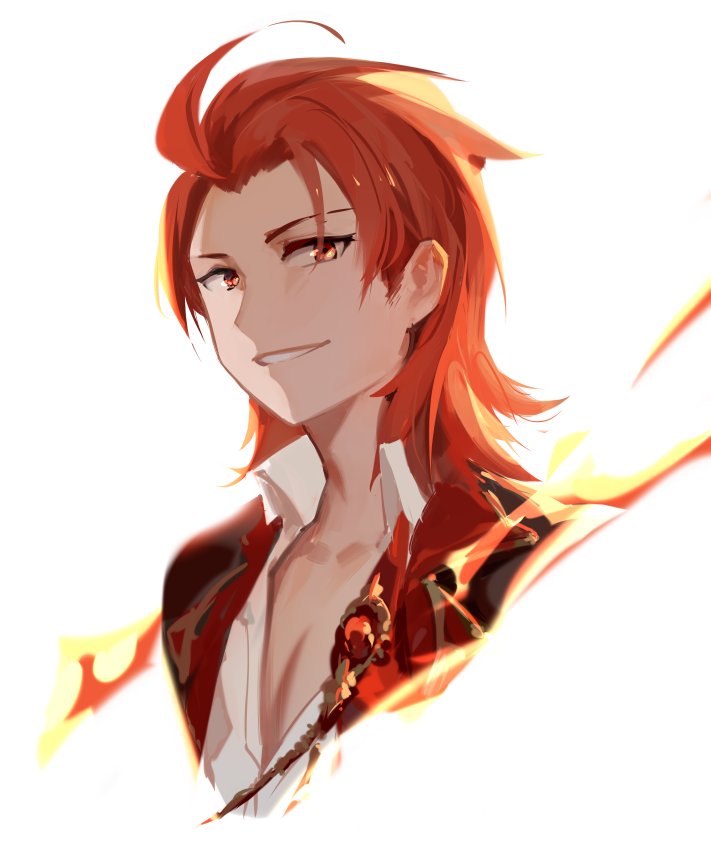 1boy, 3four, ahoge, collared_shirt, commentary, copyright_request, fire, jacket