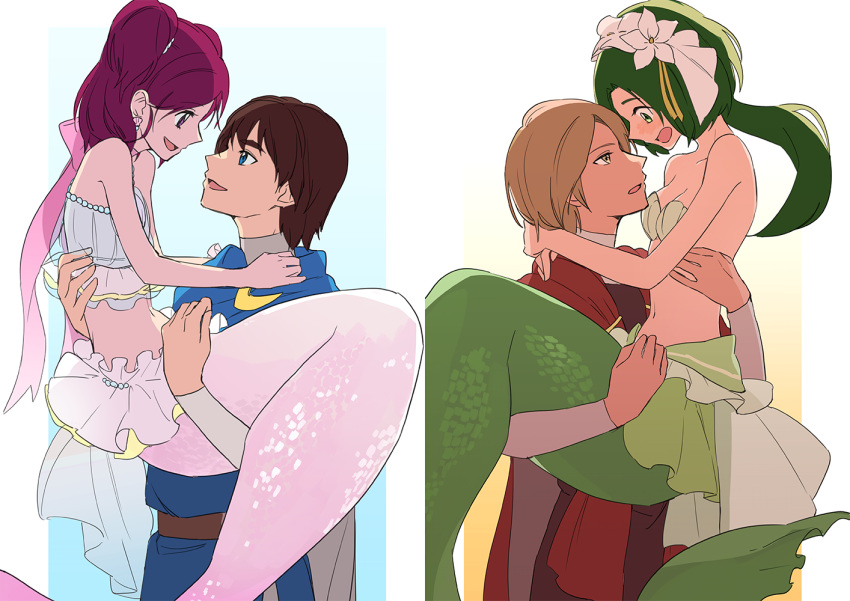 2boys, 2girls, akimoto_komachi, blue_eyes, blush, brown_hair, buntatta, carrying