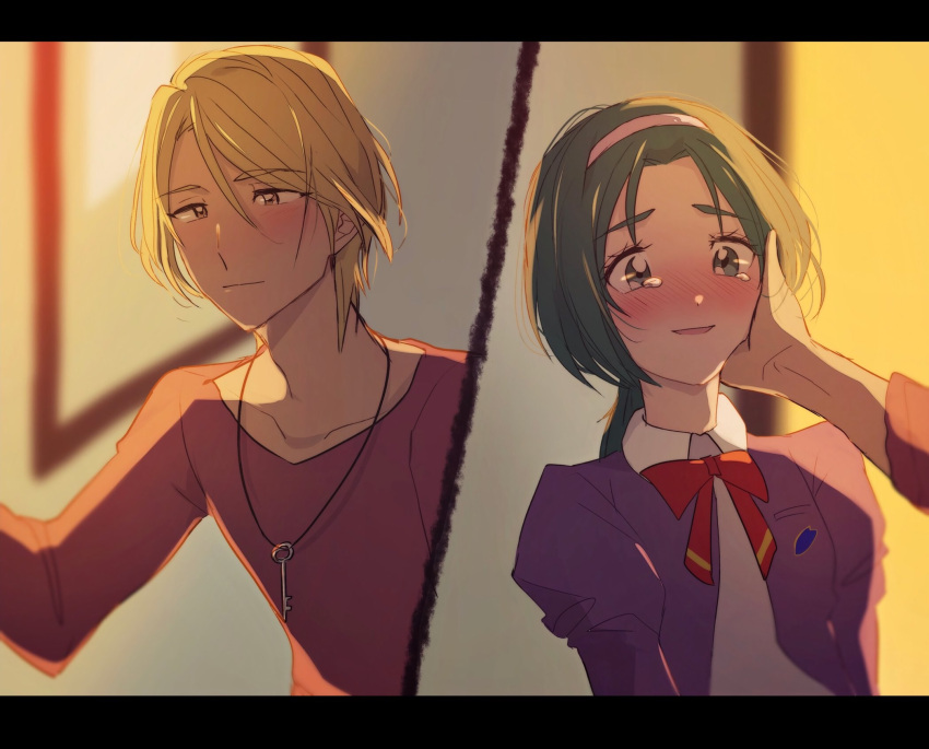 1boy, 1girl, akimoto_komachi, blonde_hair, blush, bow, bowtie, couple