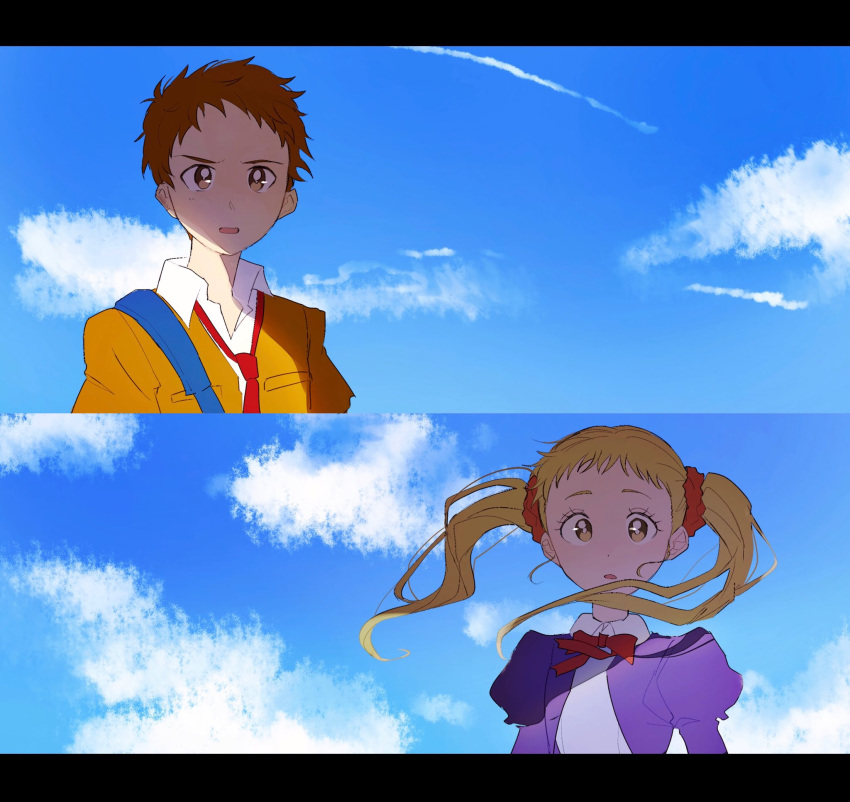 1boy, 1girl, amai_shirou, blonde_hair, blue_sky, bow, bowtie, brown_eyes