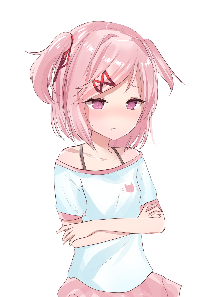 1girl, absurdres, bangs, closed_mouth, collarbone, commentary, crossed_arms, doki_doki_literature_club