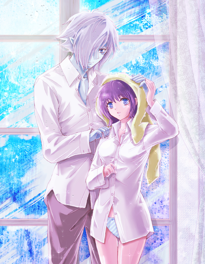 1boy, 1girl, :d, amelia_wil_tesla_seyruun, blue_eyes, blue_skin, brown_pants, collarbone, cowboy_shot, curtains, dress_shirt, hand_on_another's_head, hand_on_another's_shoulder, kei_ss, open_mouth, panties, pants, purple_hair, shirt, silver_hair, slayers, smile, standing, striped, striped_panties, towel, towel_on_head, transparent, underwear, white_shirt, window, zelgadiss_graywords