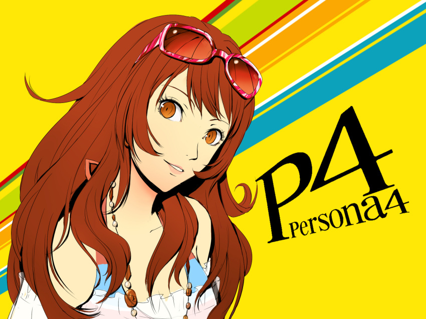 1girl, alternate_hairstyle, atlus, brown_eyes, brown_hair, collarbone, eyewear_on_head, head_tilt, highres, jewelry, kujikawa_rise, liangxieyue, long_hair, looking_at_viewer, megami_tensei, necklace, parted_lips, persona, persona_4, red-tinted_eyewear, smile, solo, sunglasses, upper_body, yellow_background