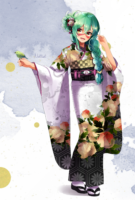 1girl, :d, animal, animal_on_head, bird, bird_on_head, bleach, braid