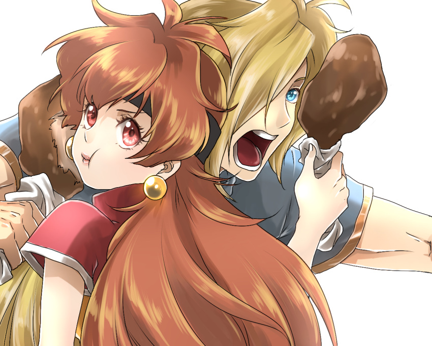 1boy, 1girl, :t, black_headband, blonde_hair, blue_eyes, blue_shirt, brown_hair
