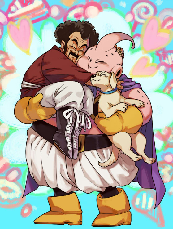 2boys, ^_^, animal, aqua_background, bee_(dragon_ball), black_hair, boots, cape