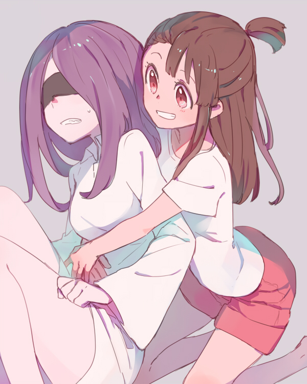 2girls, blindfold, dress, hair_over_one_eye, hug, kagari_atsuko, little_witch_academia, long_hair, multiple_girls, open_mouth, pale_skin, pink_hair, purple_hair, red_eyes, short_hair, simple_background, smile, sou_(tuhut), sucy_manbavaran, witch, yuri