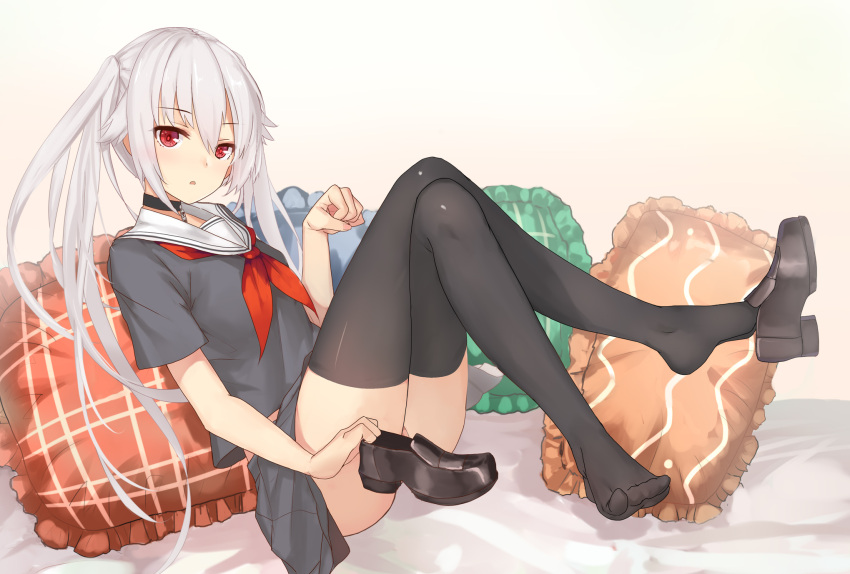 1girl, :o, ass, bangs, black_choker, black_footwear, black_legwear, black_skirt