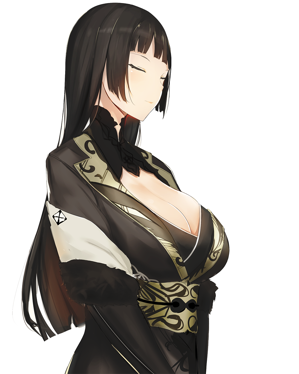 112san, 1girl, bangs, black_hair, black_kimono, blunt_bangs, breasts, cleavage